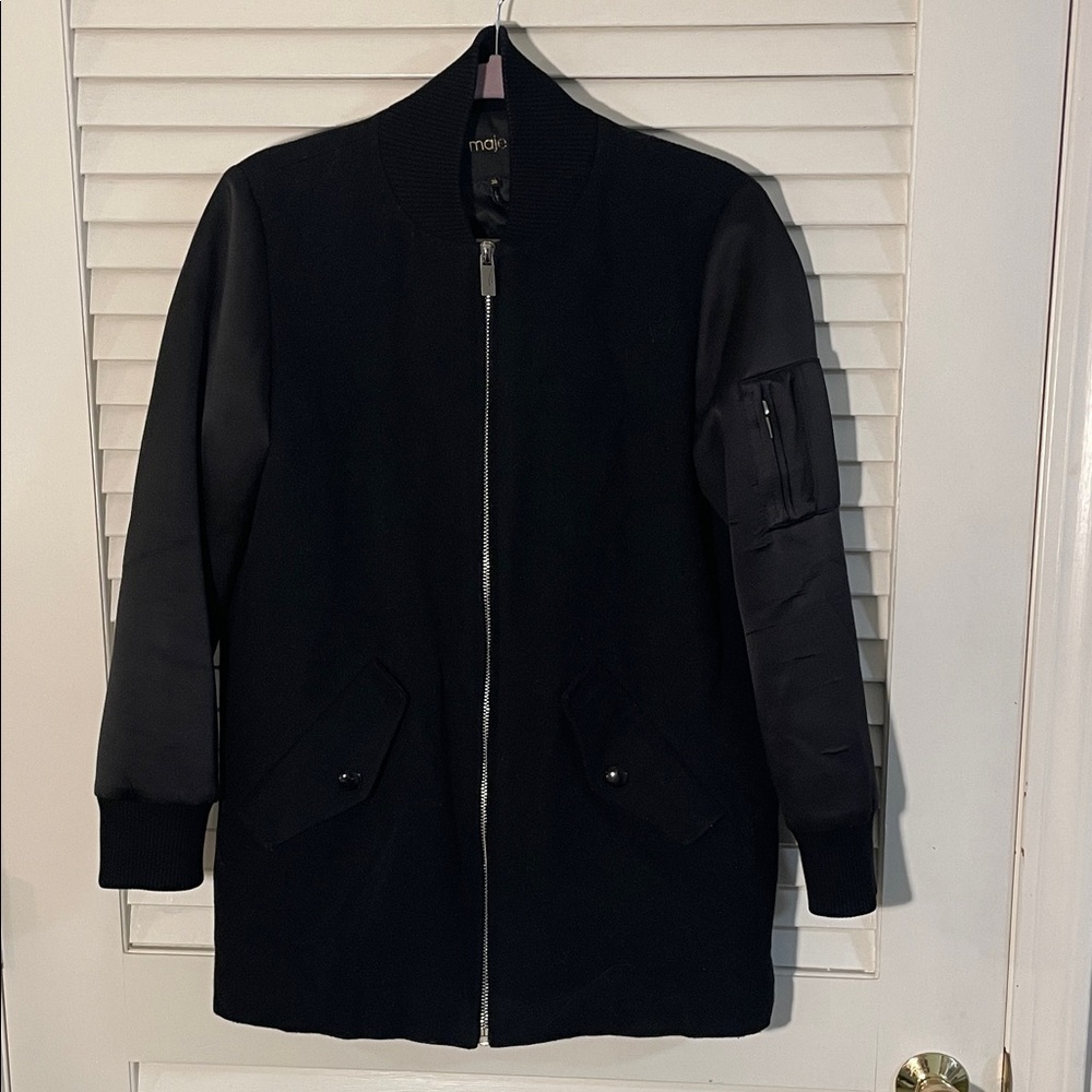 Maje Black Wool Blend Zip Front Quilted Liner Snap Pocket Panel Sleeve Bomber